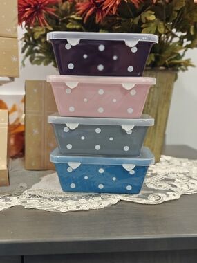 Temptations Polka Dot Stackable Food Storage Set - Purple, Pink, Gray, Blue S/4